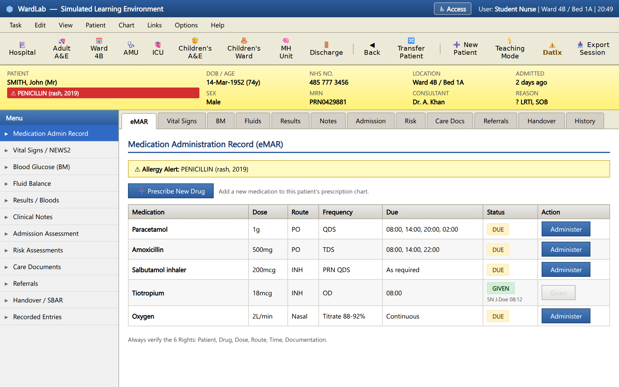 WardLab eMAR: a drug chart listing due and overdue medications, documented allergies and the six rights, with no contraindication warning shown.