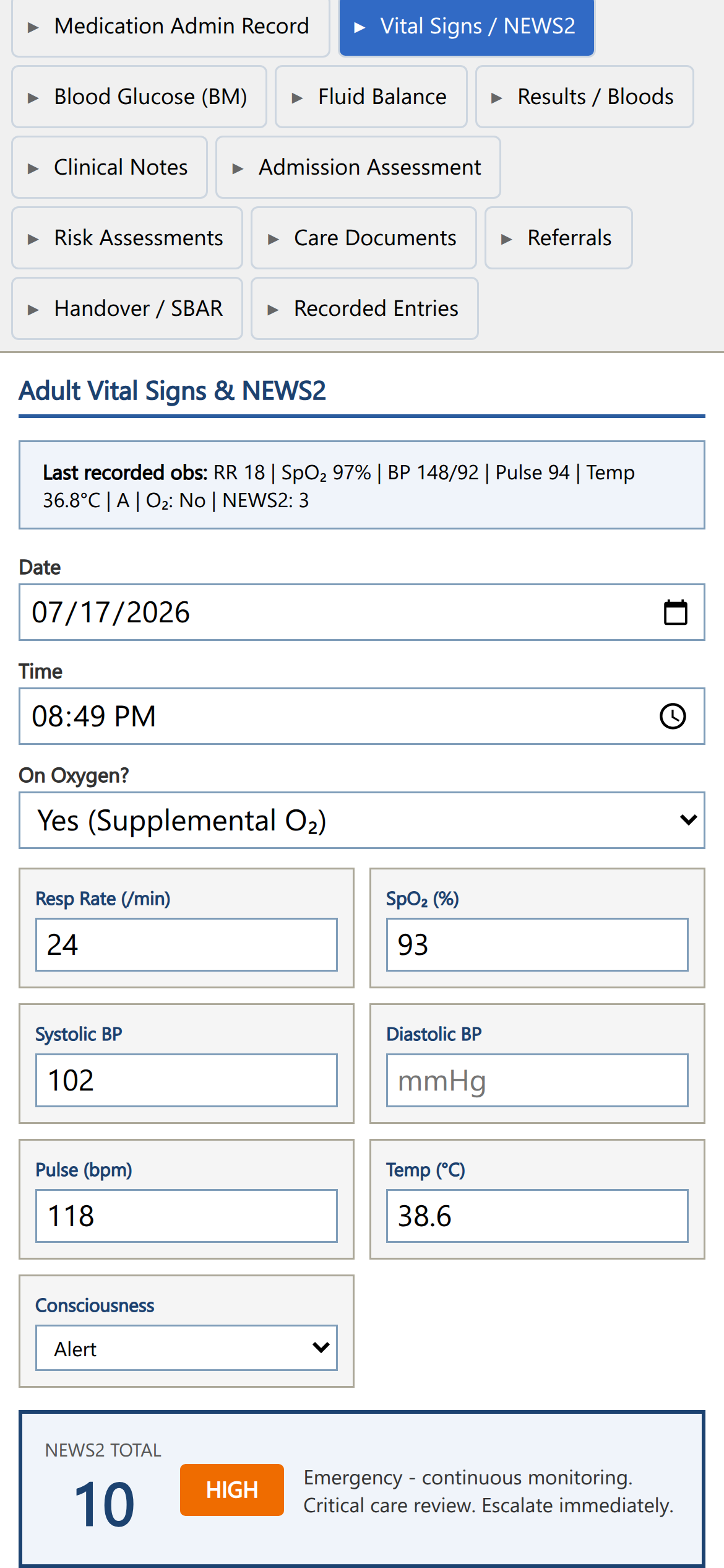 WardLab on a phone: the vital signs entry form with a calculated NEWS2 total.