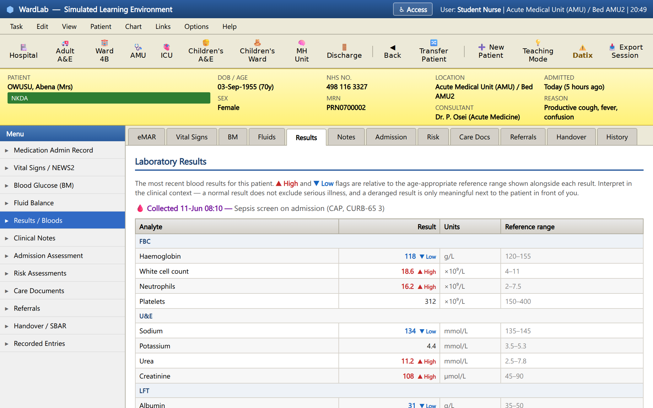 WardLab results screen: a blood panel with values flagged high and low against age- and sex-specific reference ranges.