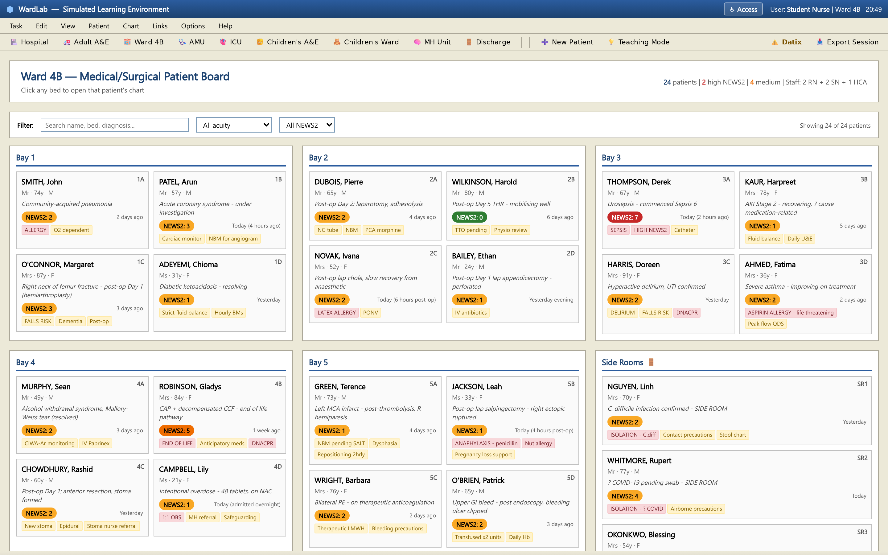WardLab on a laptop: Ward 4B patient board with 24 patients across five bays, each card showing diagnosis, NEWS2 score and alerts.